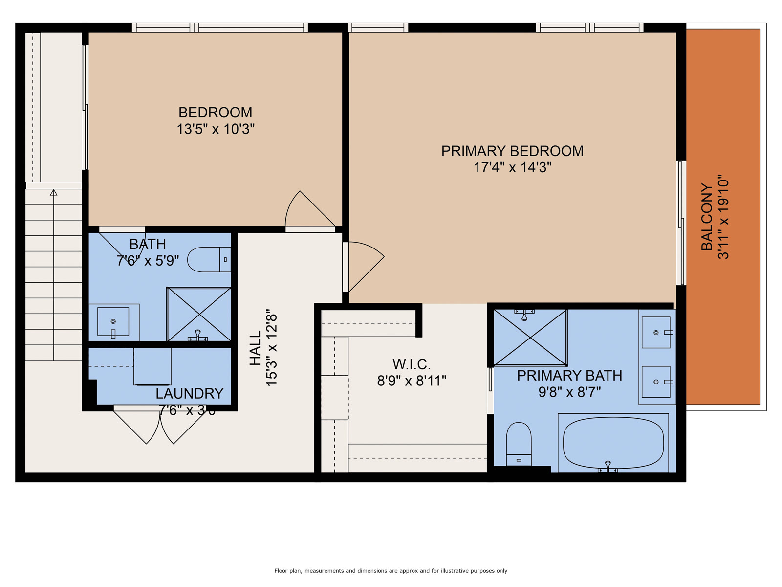 Bedroom level floor plan with primary suite and balcony